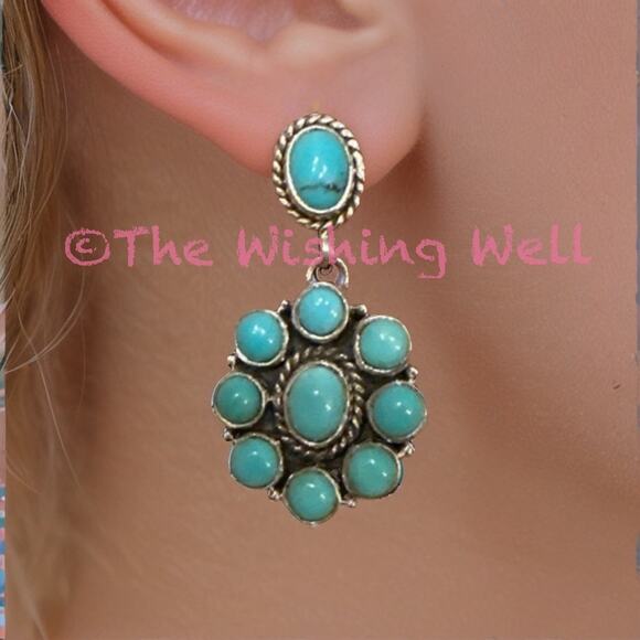 Kingman Green Turquoise Cluster Dangle Earrings 1.5” Long Sterling Silver - Picture 3 of 5